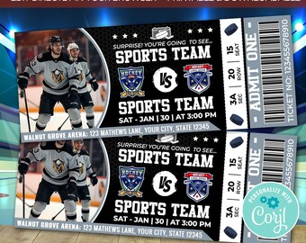 Custom Hockey Ticket Template |  Surprise Gift Hockey Tickets |  Sports Hockey Personalized Ticket |  Hockey Game Stub |  Customized Ticket