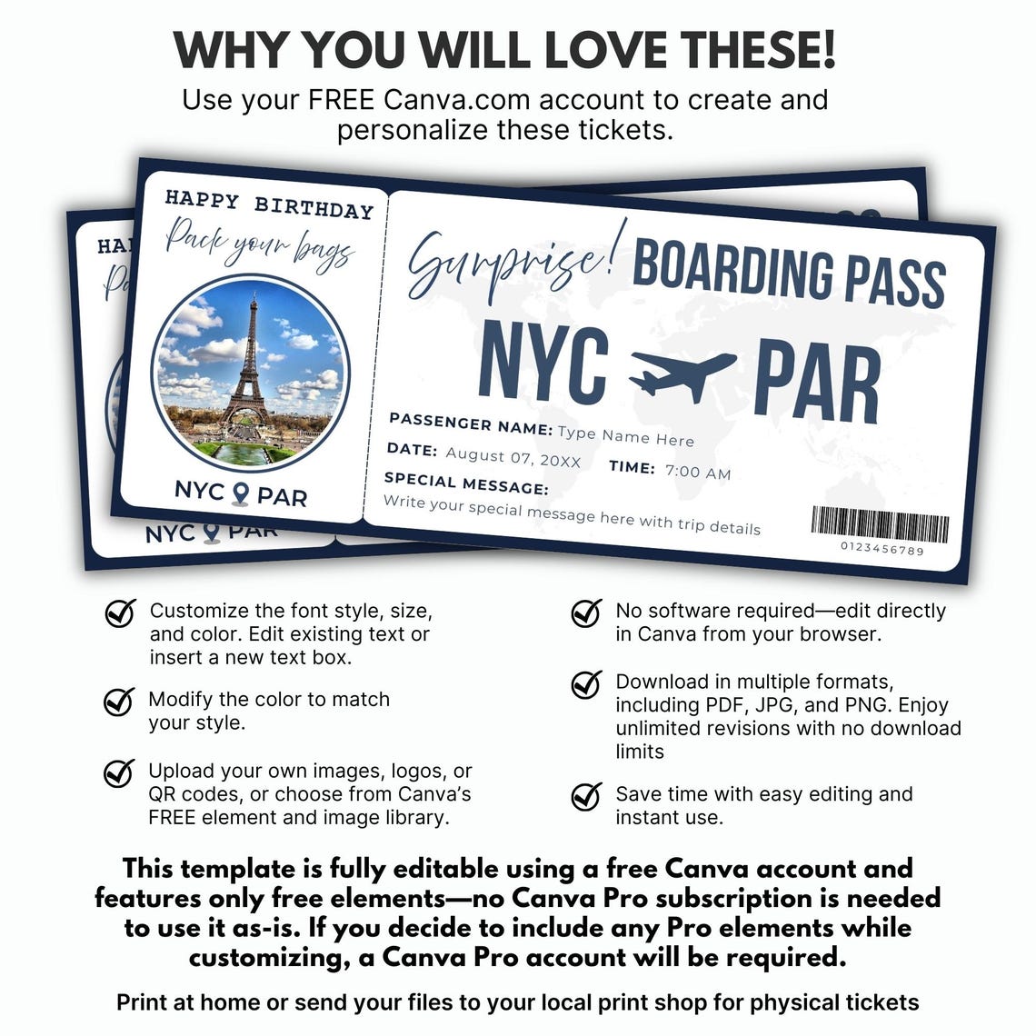 Editable Surprise Trip Gift Boarding Pass Ticket Template | Travel ...