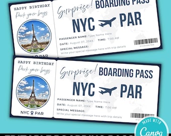 Editable Surprise Trip Gift Boarding Pass  Ticket Template | Travel Surprise Ticket Birthday Trip | Airplane Ticket Gift | Surprise Vacation