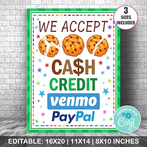 Bewerkbaar Wij accepteren contant geld, tegoed, Venmo- en Paypal-betalingen, Scouts-koekjeshokje, fondsenwervingshokje, bake-sale, koekjeshokje-poster