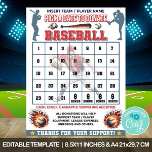 Editable Baseball Calendar Fundraiser, Baseball Pick a Date to Donate, Baseball Fundraiser, Sport Donation Calendar