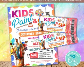 Editable Kids Sip and Paint Ticket and Flyer Bundle | Kids Paint Party Event Template | Paint and Sip Ticket | Kids Event Invite Template