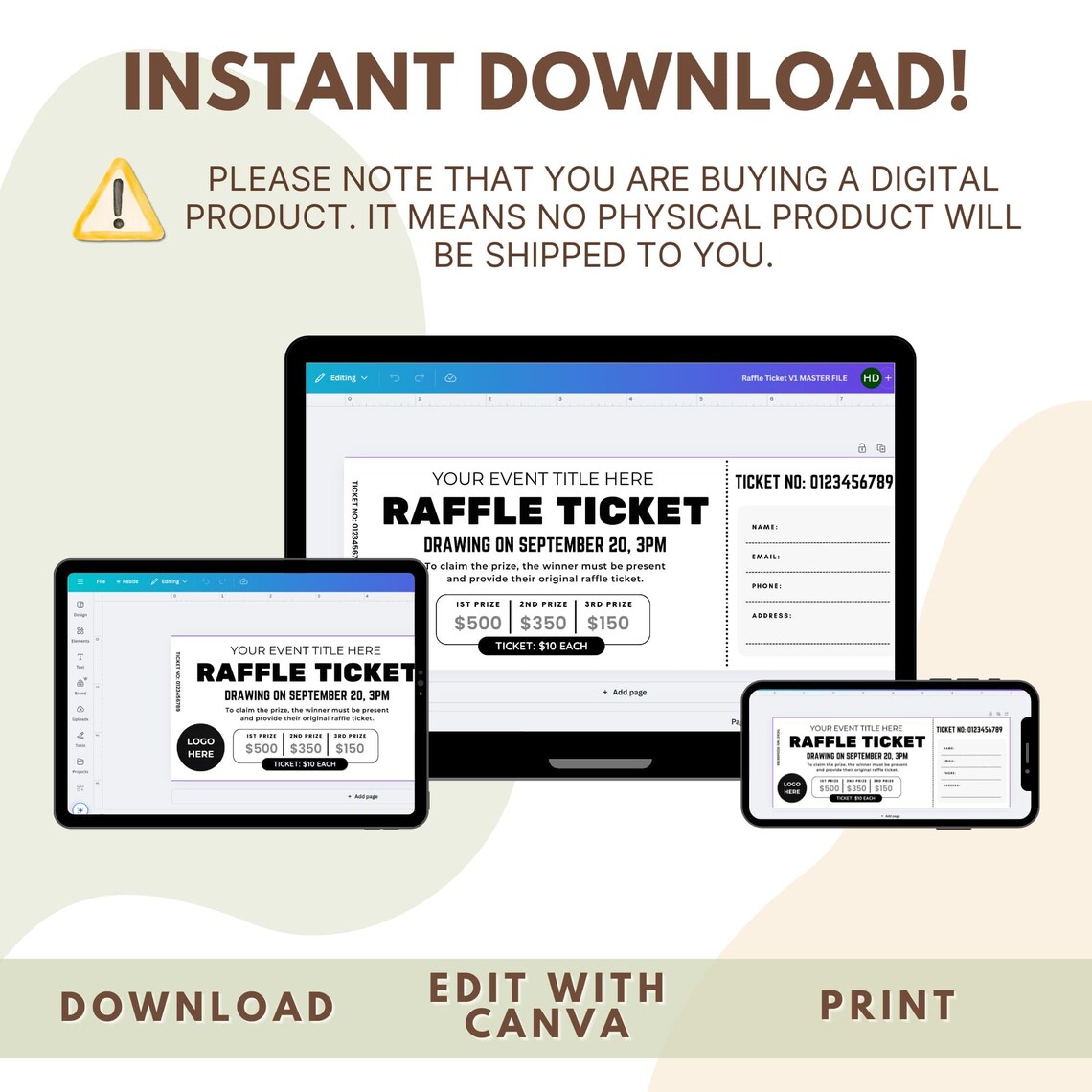 Custom Raffle Ticket Template | DIY Fundraiser Tickets | DIY Raffle ...