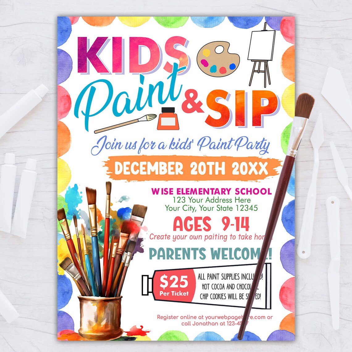 Editable Kids Sip and Paint Flyer Template, Kids Paint Party Event