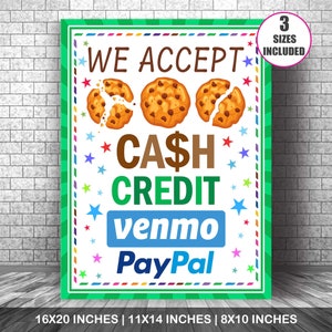 Wij accepteren contant geld, tegoeden, Venmo- en Paypal-betalingen, afdrukbare scouts-koekjeshokje, fondsenwervingshokje, bake-sale, koekjeshokje-poster