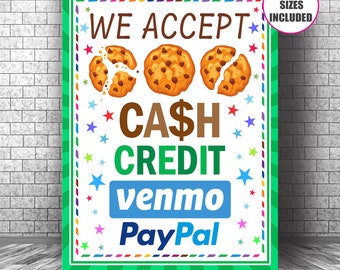 We Accept Cash, Credit, Venmo and Paypal Payments Sign, Printable Scouts Cookie Booth, Fundraising Booth, Bake Sale, Cookie Booth Poster