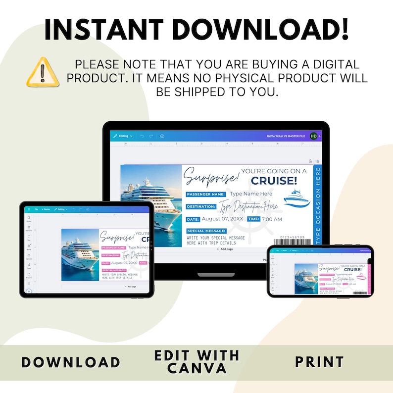 Editable Cruise Ticket Template | Printable Cruise Surprise Ticket | Gift Ticket | Cruise Surprise Boarding Pass | Cruise Vacation