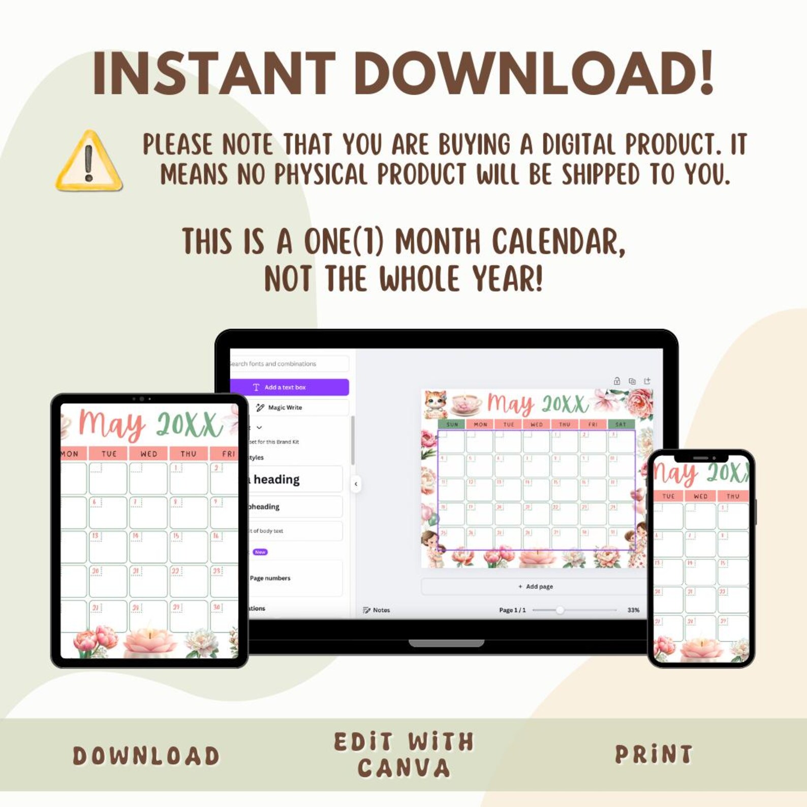 Printable May 2025 Calendar | Mother’s Day Themed Digital Planner ...
