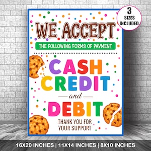 Pdf-poster met bordje koekjeskraam, bordje wij accepteren betalingen, contant, kredietcheques, fondsenwervingshokje, uitverkoop, afdrukbaar bordje scoutskoekjeshokje