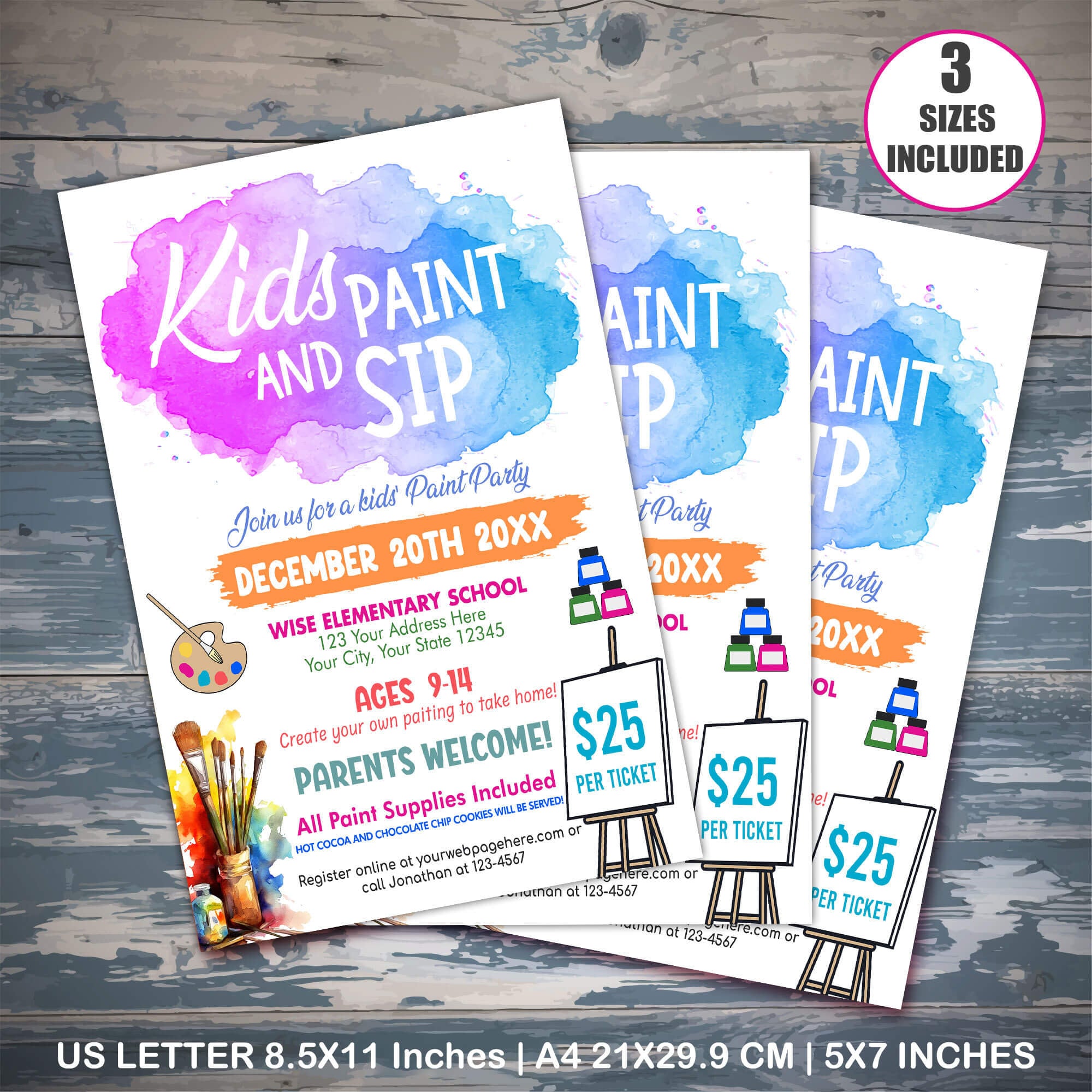 DIY Kids Paint and Sip Flyer, Editable Kids Paint Party Event Flyer