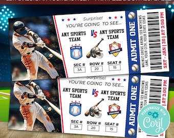 Modello modificabile di biglietto per partita di baseball / Biglietto per partita sportiva stampabile