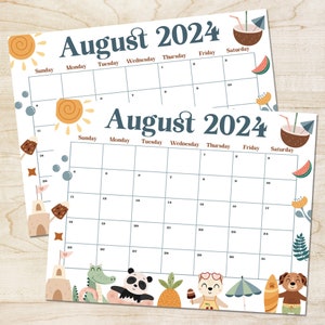 August 2024 Animal Summer Calendar, Printable Animal Themed August Calendar, Blank Calendar Downloadable PDF