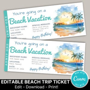 May include: Two beach vacation tickets featuring a watercolour illustration of a sunset over the ocean with palm trees. The tickets have text that reads "You're going on a Beach Vacation" and "Happy Birthday!" The tickets are editable and printable.