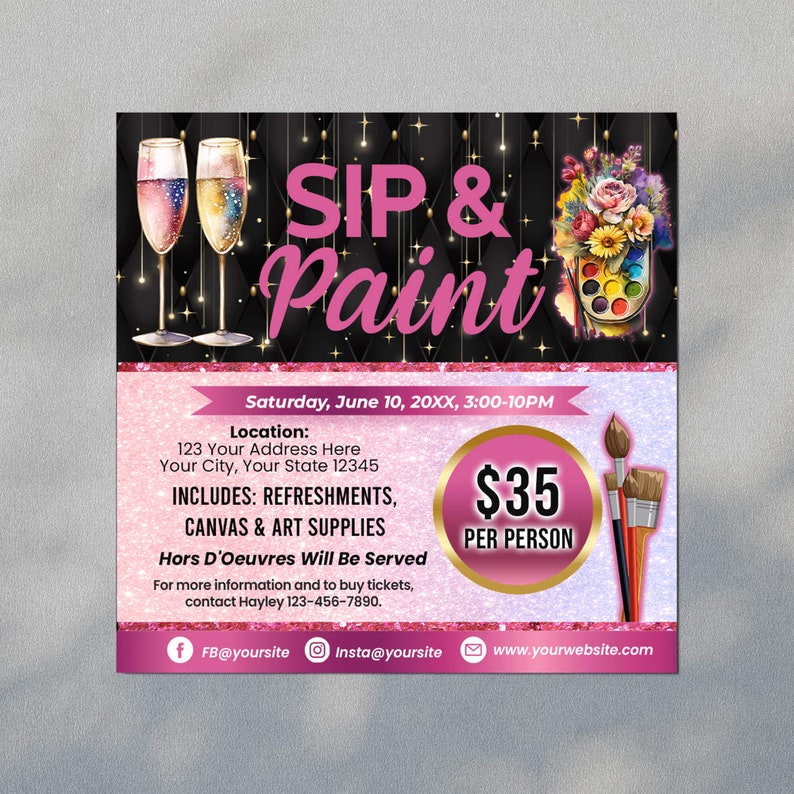 Paint Party Themed Event Flyer, Editable Paint and Sip Flyer Invite
