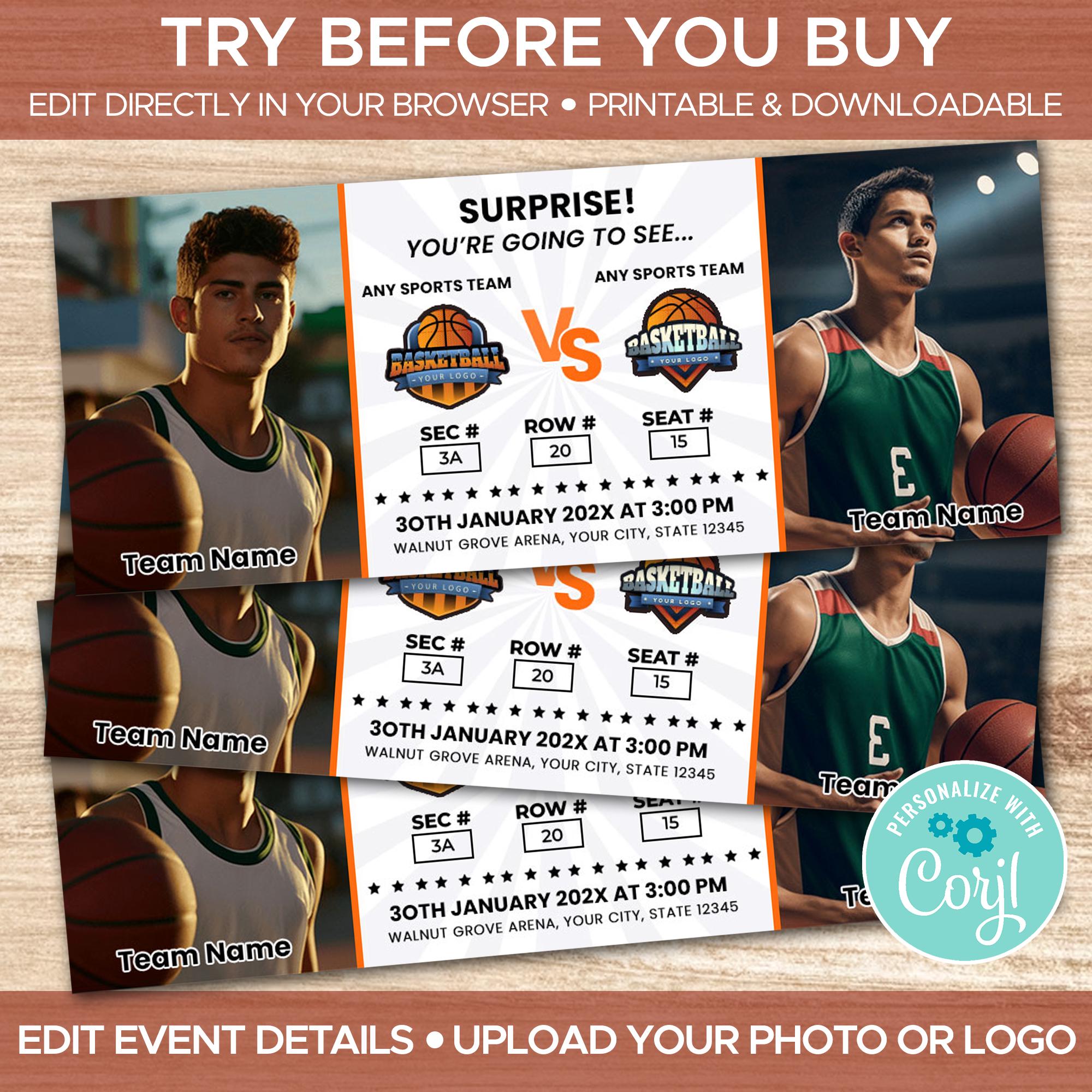 Editable Basketball Game Sports Ticket | Surprise Basketball Game Ticket Template | Basketball Ticket Template Gift | Basketball Ticket Stub