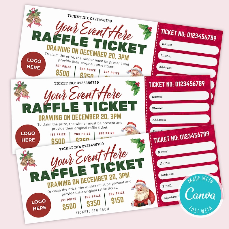 Editable Christmas Raffle Ticket Template: Printable Holiday & Church ...