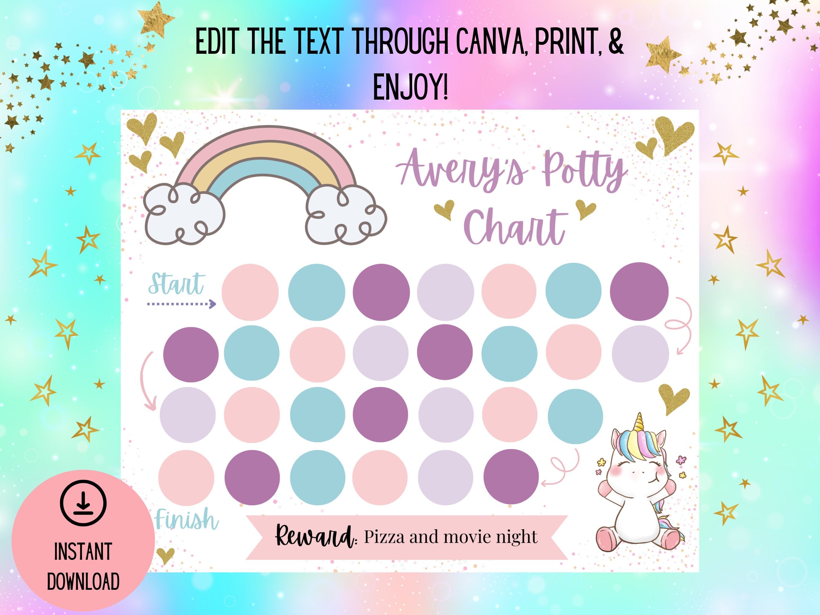 Editable Unicorn Potty Training Chart, Potty Training, Sticker Chart ...