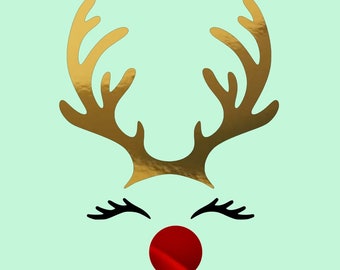 May include: A digital download of a gold reindeer with a red nose and closed eyes. The text "DIGITAL DOWNLOAD ONLY SVG JPEG PNG" is on a gold background. The text "INSTANT DIGITAL DOWNLOAD" is on a gold circle.