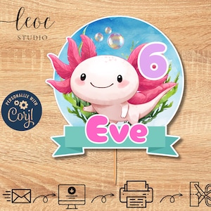 Bewerkbare Axolotl-taarttoppers en 12 taarttoppers afdrukbare Instant Download