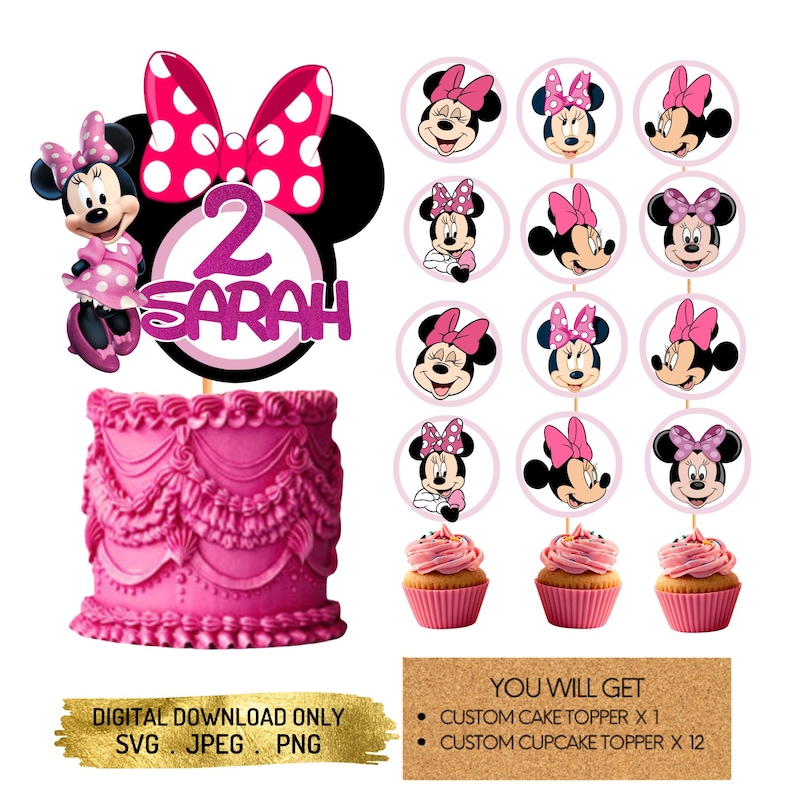May include: A pink and black Minnie Mouse themed cake topper with the number 2 and the name Sarah. There are 12 additional cupcake toppers featuring Minnie Mouse.