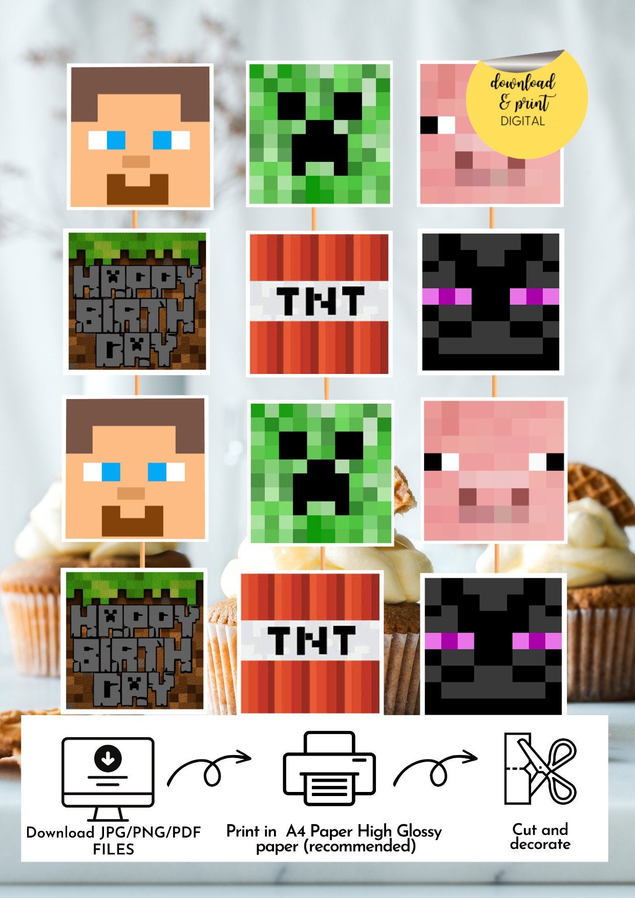 Custom Minecraft Cake and Cupcake Toppers