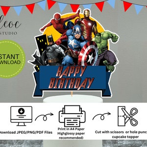Print and Cut SUPERHERO Cake|12 Cupcake Toppers - Instant Download