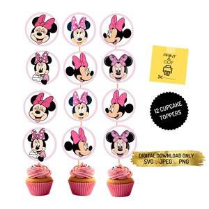 May include: Twelve pink and white cupcake toppers featuring a cartoon image of Minnie Mouse. The toppers are printed with "Print & Cut" and "12 Cupcake Toppers" text.