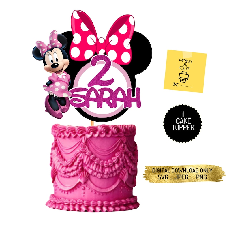 May include: Pink and black Minnie Mouse cake topper with a pink bow, a white circle with the number 2 and the name Sarah, and a pink cake.