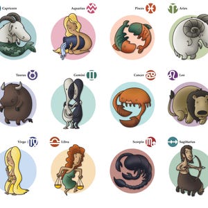 Signos del Zodiaco de Dibujos Animados Excéntricos: ¡Los 12 Signos del Zodiaco Ilustrados! Arte Astrológico Extravagante: ¡Personajes del Zodiaco Imprimibles con Actitud!