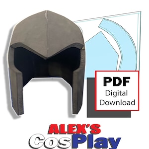 May include: A digital download PDF pattern for a black helmet with a pointed top. The pattern is for a cosplay costume. The text "PDF Digital Download" is on a red rectangle. The text "ALEX'S COSPLAY WARFARE" is below the helmet.