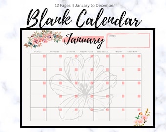 Op de afbeelding: Een printbare blanco kalender voor de maand januari met een bloemenontwerp. De kalender heeft ruimte voor elke dag van de week, met een notitiegedeelte bovenaan.