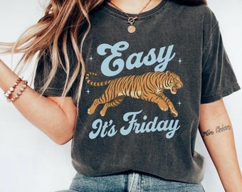Teacher Friday Shirt Comfort Colors, Easy It’s Friday Tiger Tee, Retro Casual School Spirit Graphic T-Shirt