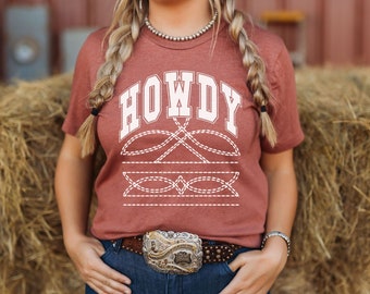 Western Boot Stitch Shirt, Howdy graphic Tee for Rodeo Mama, Nashville Girls Trip, Texas Cowgirl Concert Outfit, trendy western apparel