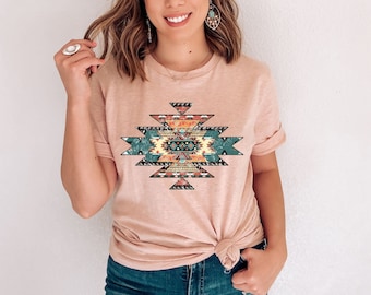 Aztec Western shirt, Distressed western Graphic shirt, Country Music Shirts, boho aztec tribal design, Cowgirl, Rodeo fashion, trendy Aztec