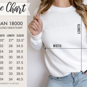 Pu&ograve; includere: Tabella delle taglie per felpe in misto pesante Gildan 18000. La tabella mostra le misure in pollici per larghezza, lunghezza e lunghezza della manica per le taglie S a 5XL.