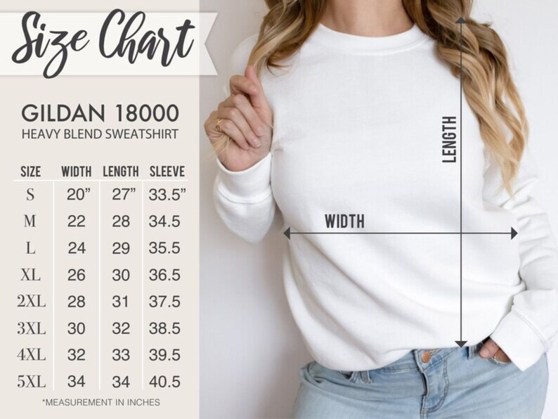 Pu&ograve; includere: Tabella delle taglie per felpe in misto pesante Gildan 18000. La tabella mostra le misure in pollici per larghezza, lunghezza e lunghezza della manica per le taglie S a 5XL.