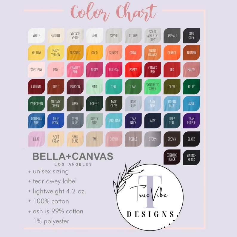 Pode incluir: Uma tabela de cores que mostra uma variedade de cores para camisetas unissex Bella + Canvas. A tabela inclui 42 cores, incluindo branco, preto, vermelho, azul, verde, amarelo e muitos outros. A tabela tamb&eacute;m inclui informa&ccedil;&otilde;es sobre a composi&ccedil;&atilde;o do tecido, que &eacute; 100% algod&atilde;o, exceto a cor cinza, que &eacute; 99% algod&atilde;o e 1% poli&eacute;ster.