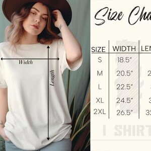 May include: Cream-colored t-shirt with measurements for width and length. The size chart shows measurements in inches for sizes S, M, L, XL, and 2XL. The text "Size Chart" is at the top.