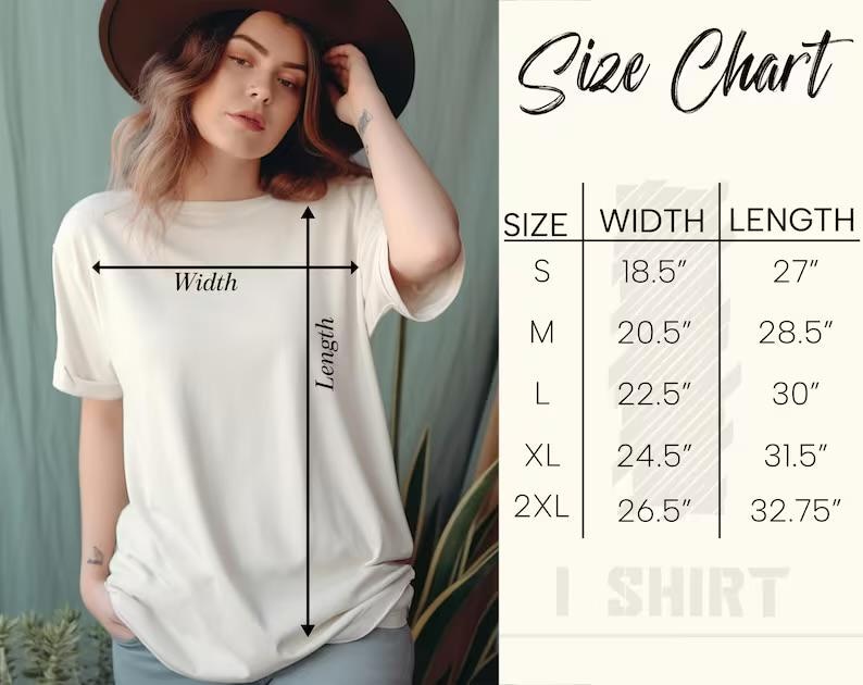 May include: Cream-colored t-shirt with measurements for width and length. The size chart shows measurements in inches for sizes S, M, L, XL, and 2XL. The text "Size Chart" is at the top.