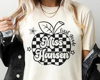 Retro second Grade Teacher Shirt, 2nd Grade custom Teacher Tee, First Day of School Matching TShirt, New Teacher Gift, checkered Apple shirt