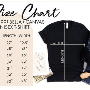 Peut inclure: Tableau des tailles pour un t-shirt unisexe, indiquant les mesures en pouces pour la longueur et la largeur. Les tailles comprennent XS, S, M, L, XL, 2X et 3X.