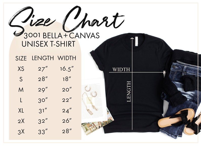 Peut inclure: Tableau des tailles pour un t-shirt unisexe, indiquant les mesures en pouces pour la longueur et la largeur. Les tailles comprennent XS, S, M, L, XL, 2X et 3X.