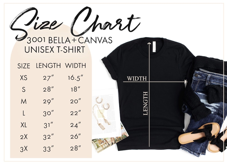 May include: Size chart for a unisex t-shirt, showing measurements in inches for length and width. Sizes range from XS to 3X.