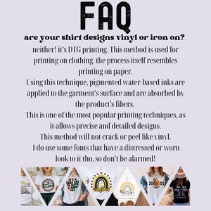 Pu&ograve; includere: FAQ sulla stampa diretta su capo (DTG) per t-shirt. Il testo spiega che la stampa DTG utilizza inchiostri a base d'acqua che vengono assorbiti dal tessuto, con conseguente design di alta qualit&agrave; e dettagliato che non si crepa n&eacute; si sfalda. L'immagine mostra diverse t-shirt con diversi design, tra cui "It's a Good Day to Be a Hello Kitty", "Eagles" e "Mama"