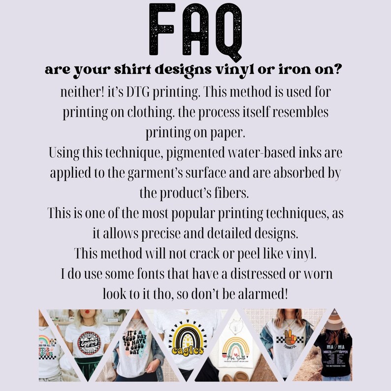 Pu&ograve; includere: FAQ sulla stampa diretta su capo (DTG) per t-shirt. Il testo spiega che la stampa DTG utilizza inchiostri a base d'acqua che vengono assorbiti dal tessuto, con conseguente design di alta qualit&agrave; e dettagliato che non si crepa n&eacute; si sfalda. L'immagine mostra diverse t-shirt con diversi design, tra cui "It's a Good Day to Be a Hello Kitty", "Eagles" e "Mama"