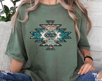 Distressed Aztec Western Graphic Unisex Garment-Dyed T-shirt, Cowgirl Rodeo Country Music Shirt, Boho Tribal Design, Trendy Aztec, Western