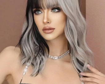 Women Silver Gray Gradient Wig Mid Length Curly Synthetic Wigs