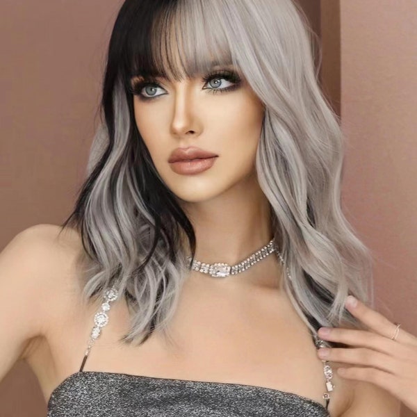 Women Silver Gray Gradient Wig Mid Length Curly Synthetic Wigs