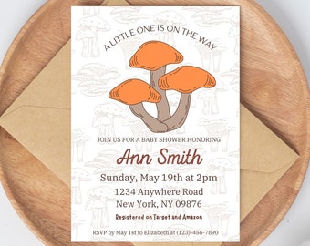 Invitación para baby shower con diseño de hongos, plantilla editable de Canva (descarga digital)