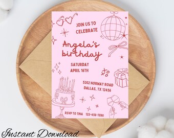 Invitación de cumpleaños rosa, moderna y artística (descarga digital)